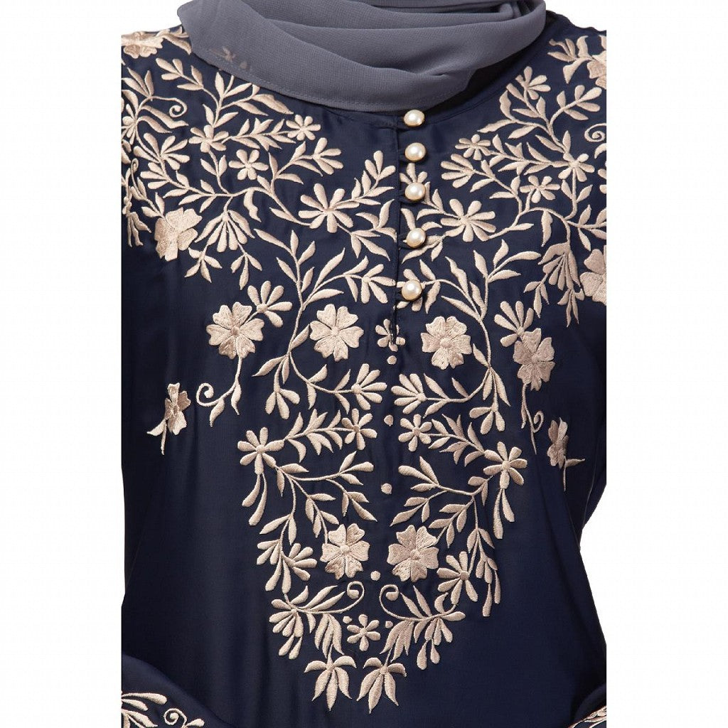 A-line party wear abaya with Resham embroidery work- Navy Blue