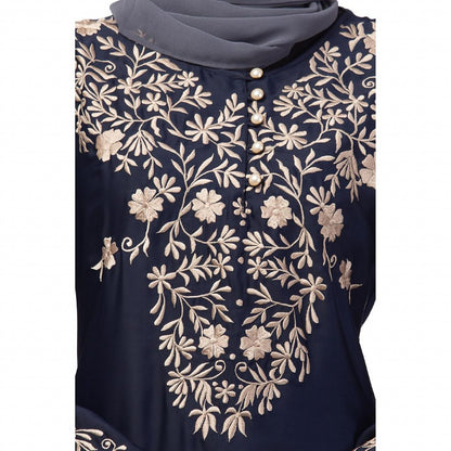 A-line party wear abaya with Resham embroidery work- Navy Blue