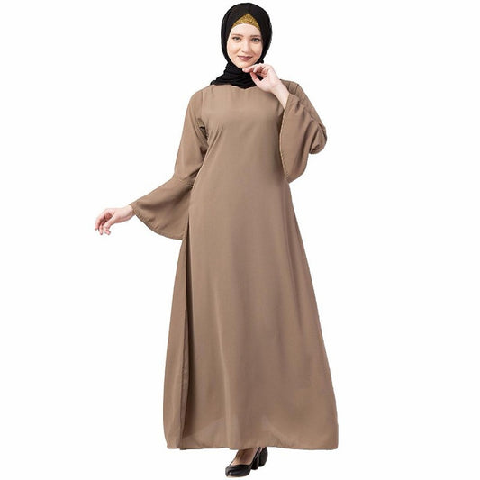 Casual A-line abaya with bell sleeves- Beige