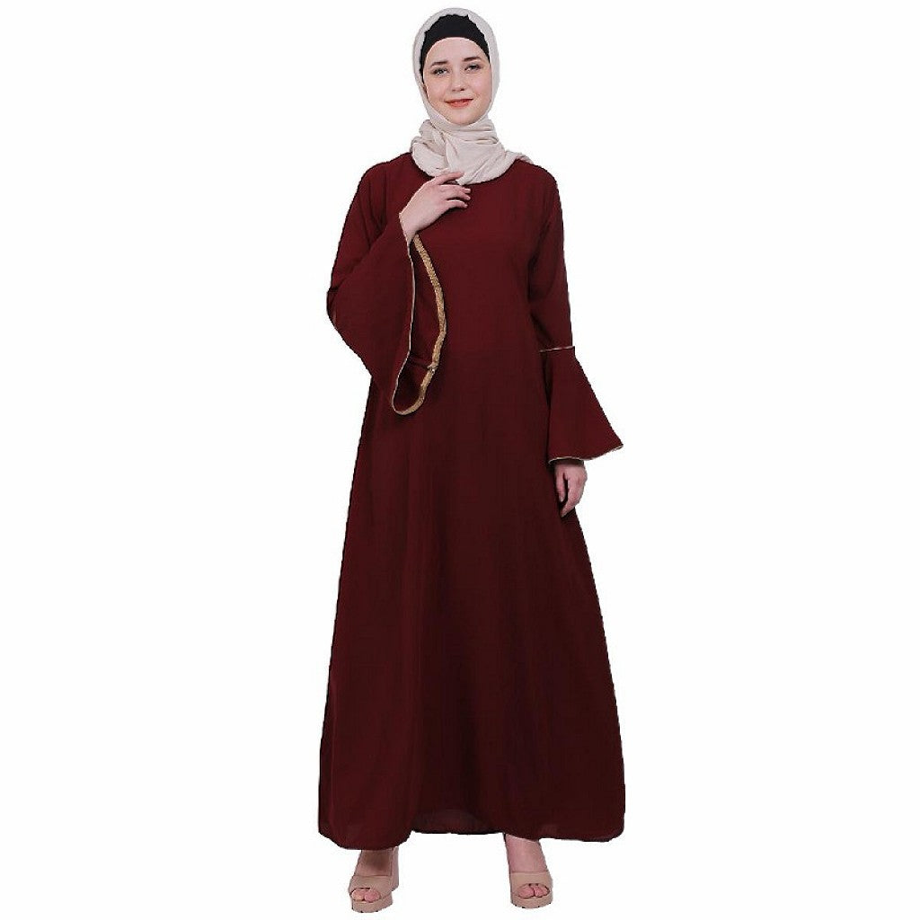Casual A-line abaya with bell sleeves- Maroon