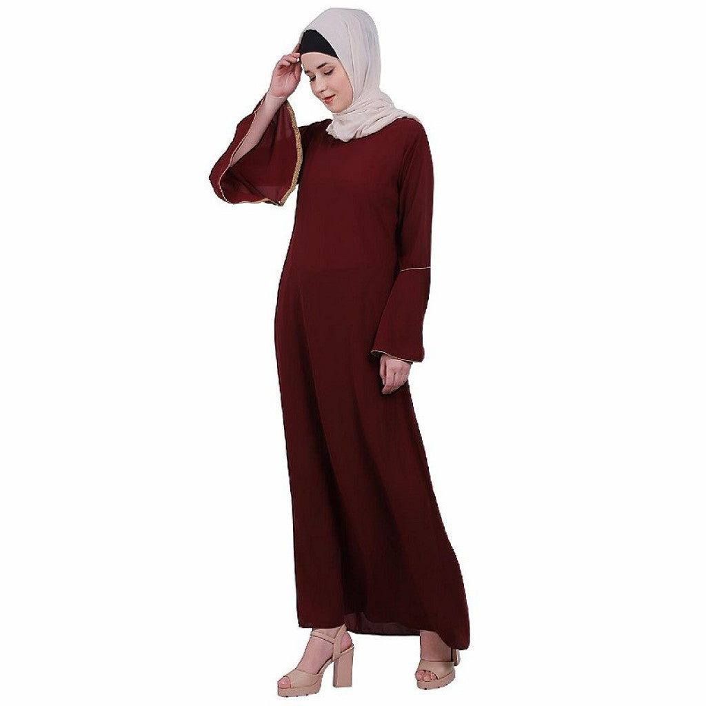Casual A-line abaya with bell sleeves- Maroon