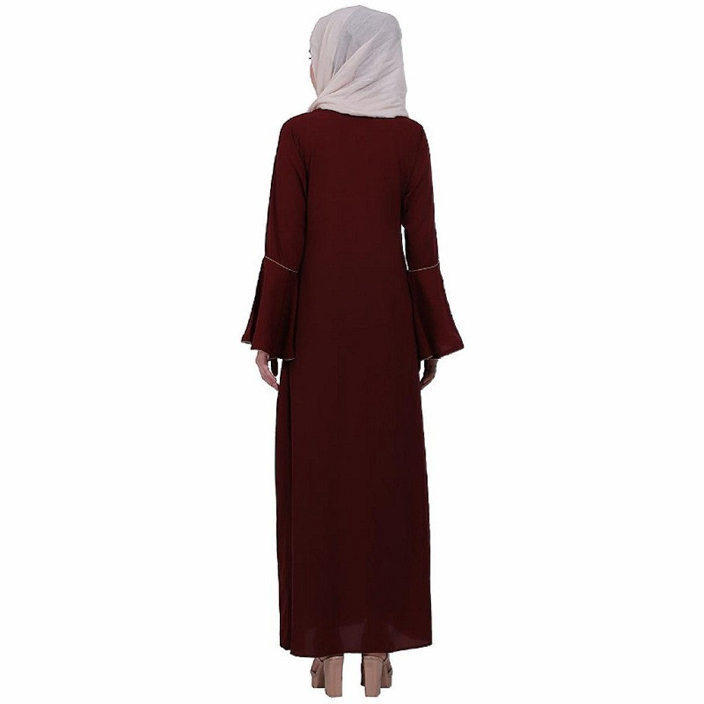Casual A-line abaya with bell sleeves- Maroon