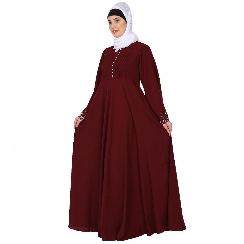 Fashionable Umbrella abaya with embroidery work -Maroon