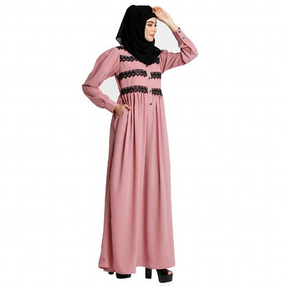Casual collared abaya with lacework- Baby Pink