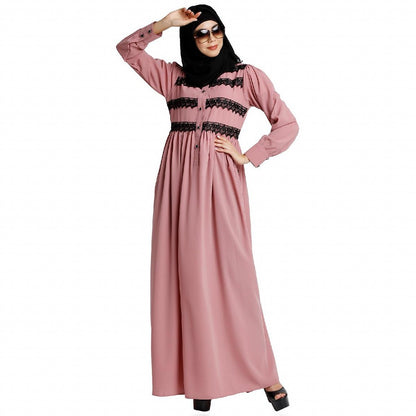 Casual collared abaya with lacework- Baby Pink