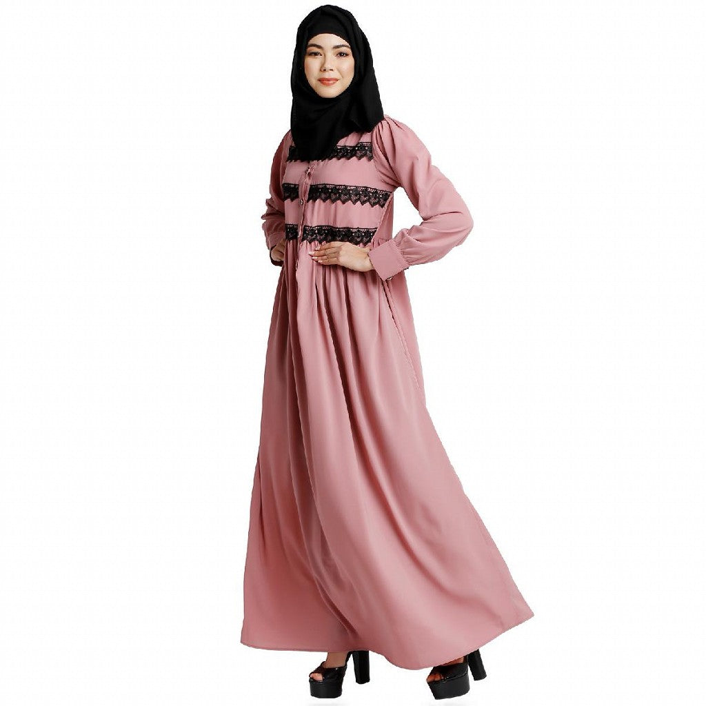 Casual collared abaya with lacework- Baby Pink