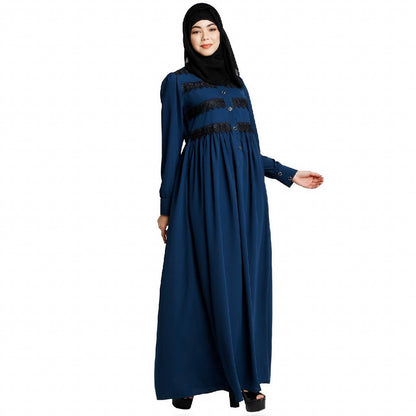 Casual collared abaya with lacework- Teal