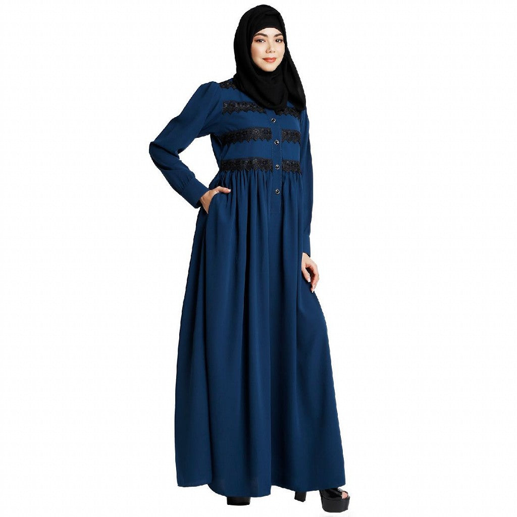 Casual collared abaya with lacework- Teal