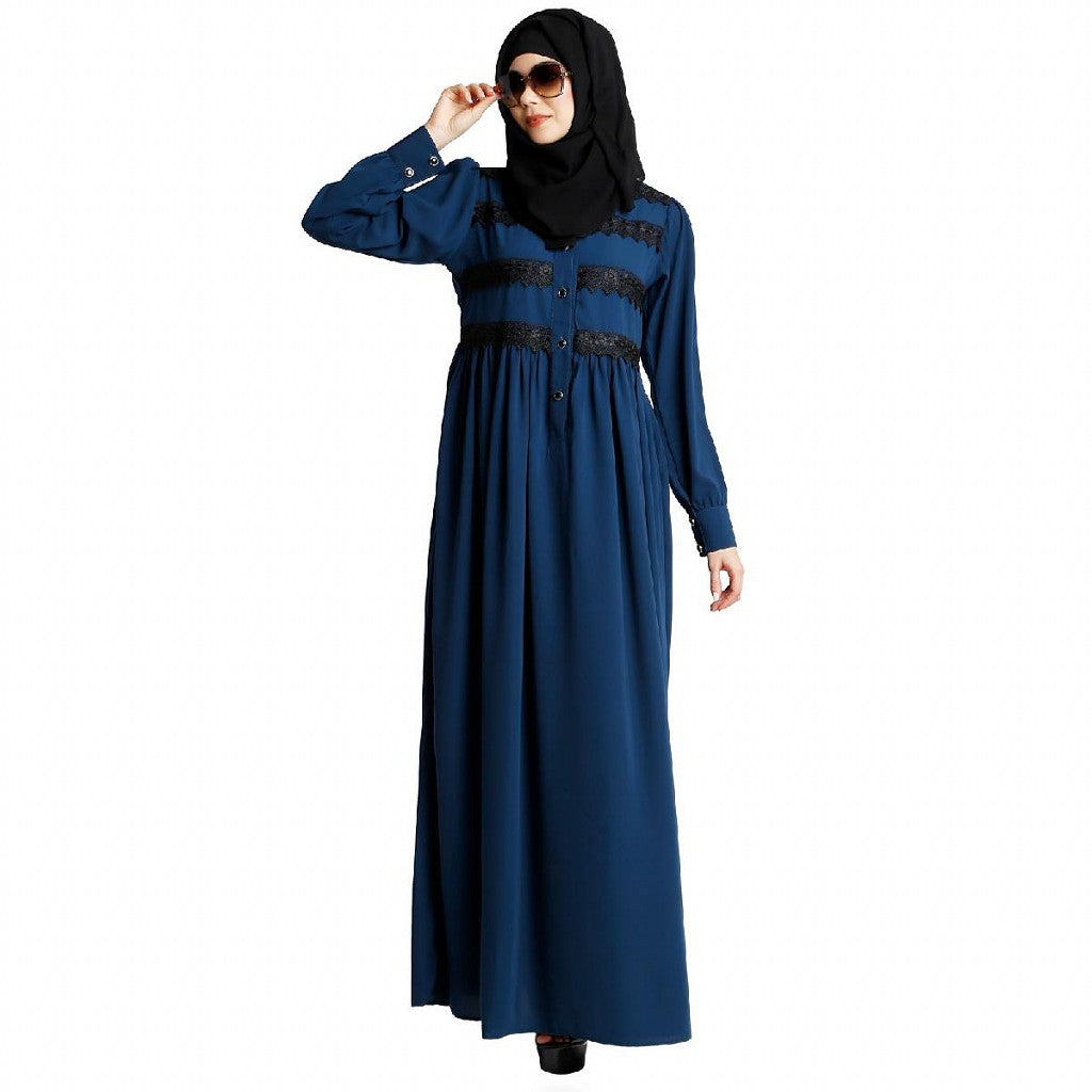 Casual collared abaya with lacework- Teal
