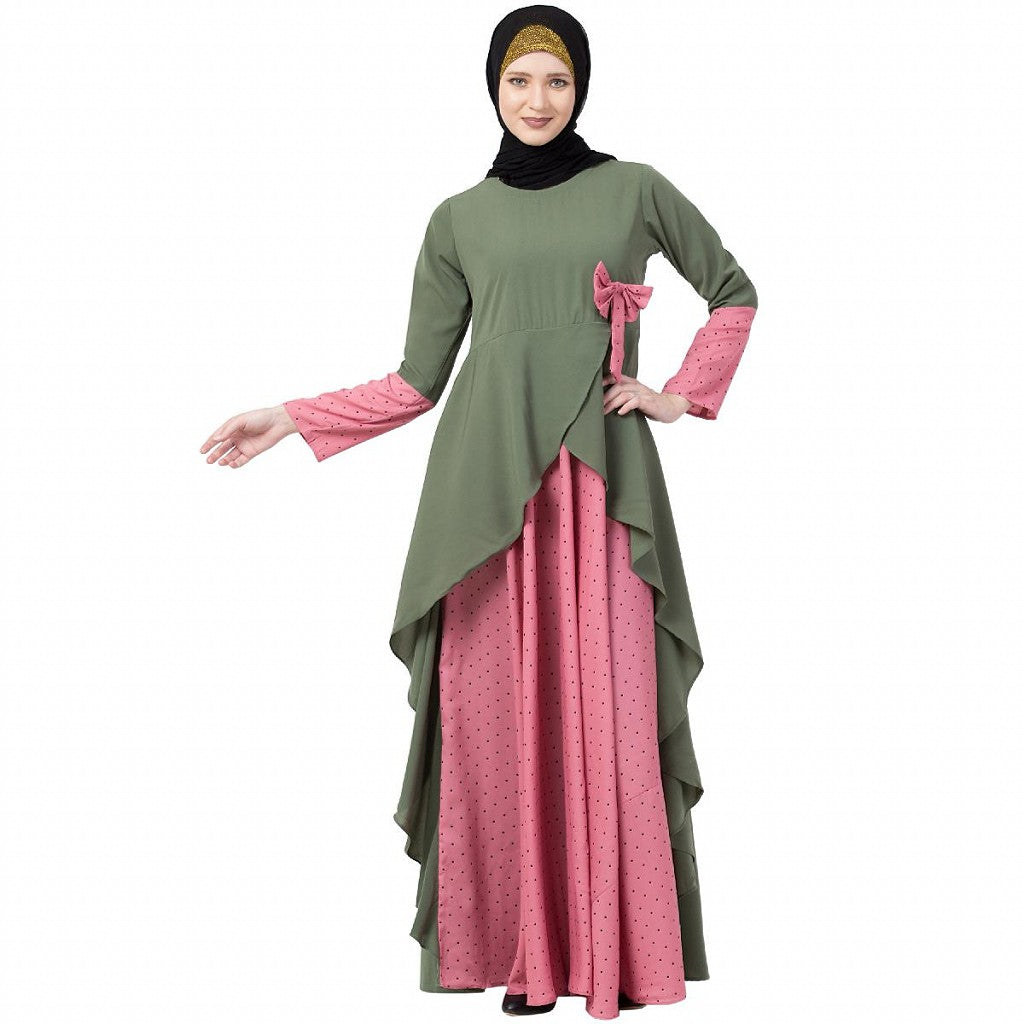 Polka dotted asymmetrical dress abaya- Jade Green-Pink