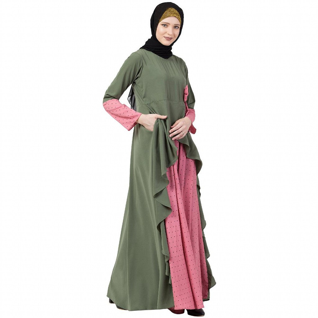 Polka dotted asymmetrical dress abaya- Jade Green-Pink