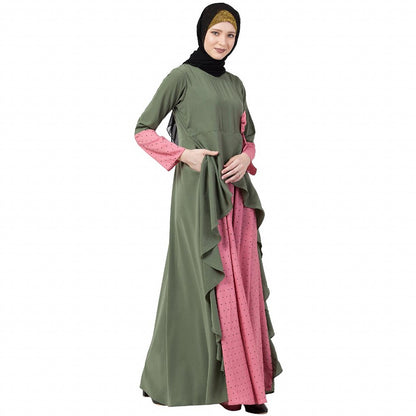 Polka dotted asymmetrical dress abaya- Jade Green-Pink