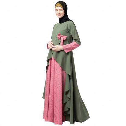 Polka dotted asymmetrical dress abaya- Jade Green-Pink