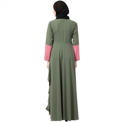 Polka dotted asymmetrical dress abaya- Jade Green-Pink