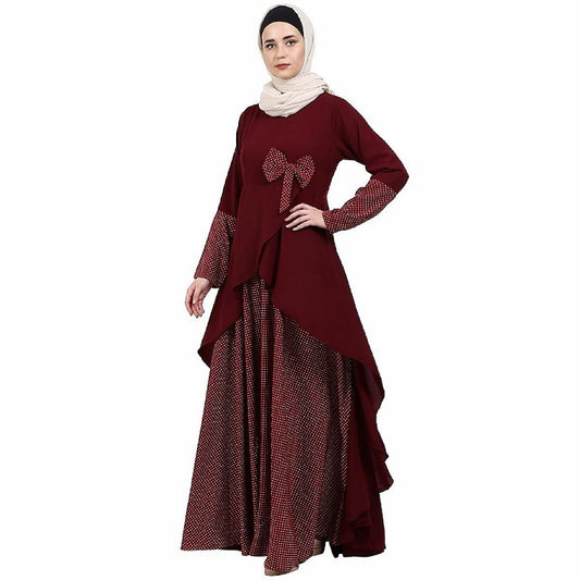 Polka dotted asymmetrical dress abaya- Maroon