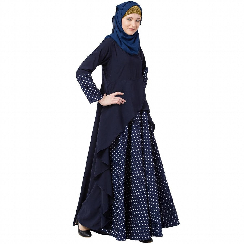 Polka dotted asymmetrical dress abaya- Navy Blue