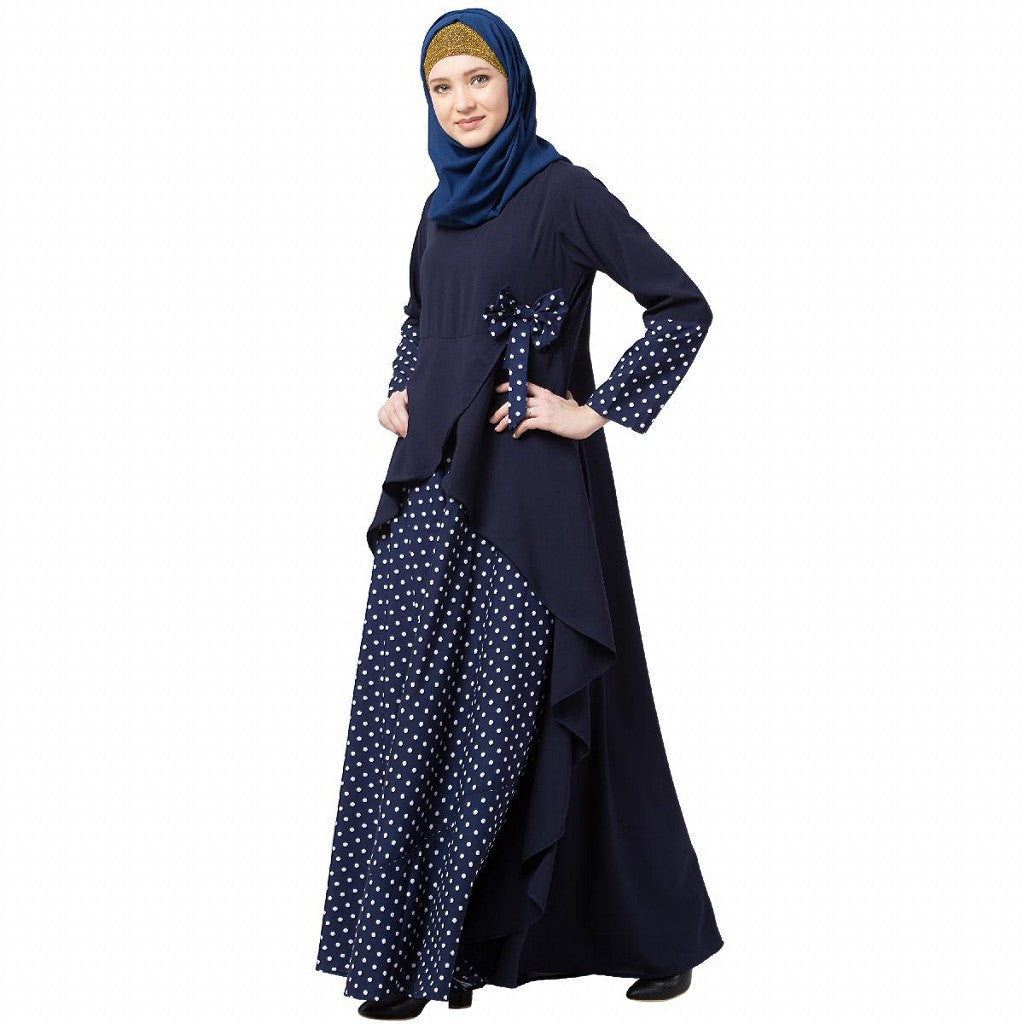 Polka dotted asymmetrical dress abaya- Navy Blue