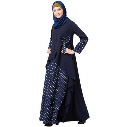 Polka dotted asymmetrical dress abaya- Navy Blue
