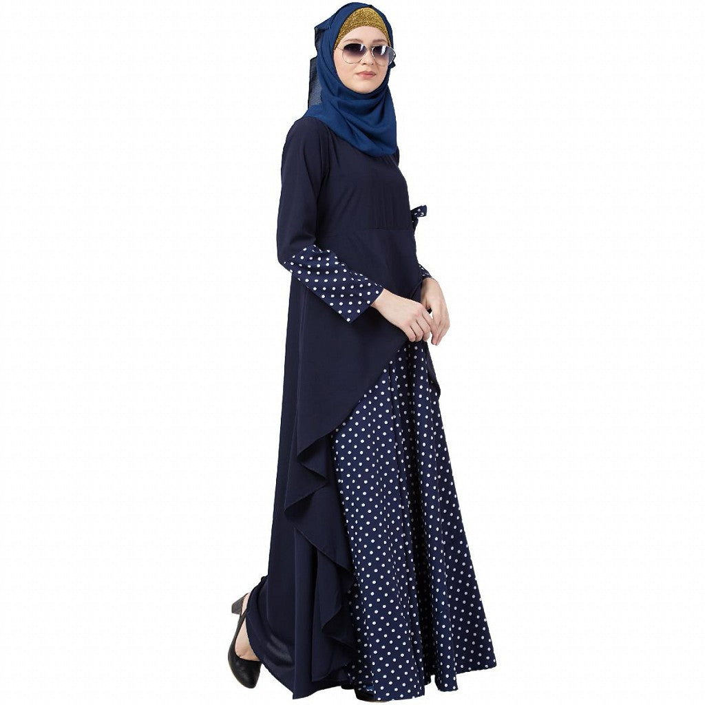 Polka dotted asymmetrical dress abaya- Navy Blue
