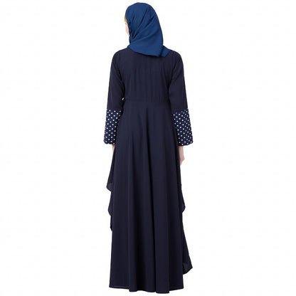 Polka dotted asymmetrical dress abaya- Navy Blue