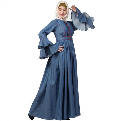 Designer Denim abaya with bell sleeves