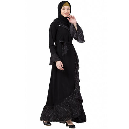Designer black polka dotted frilled abaya