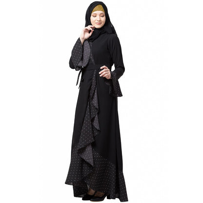 Designer black polka dotted frilled abaya