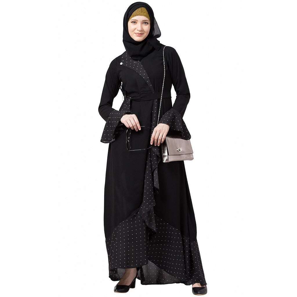 Designer black polka dotted frilled abaya