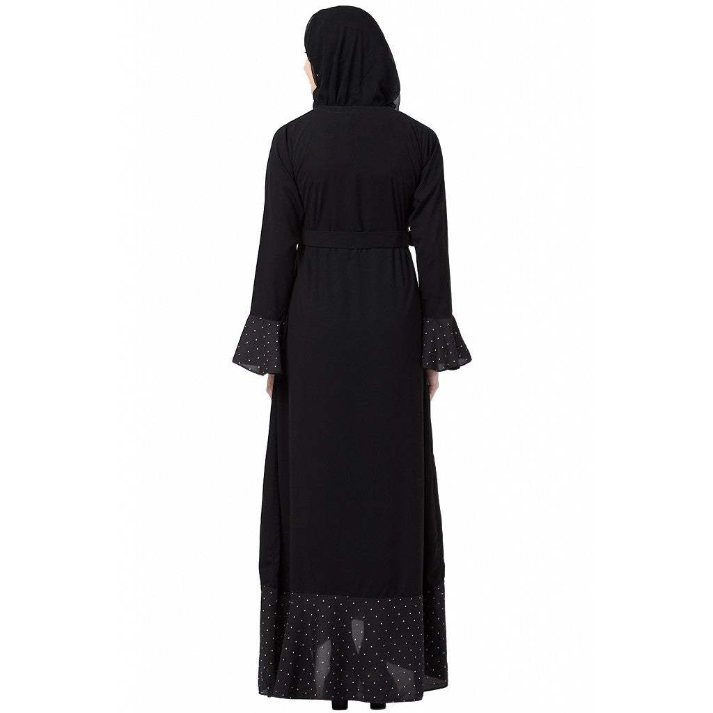 Designer black polka dotted frilled abaya