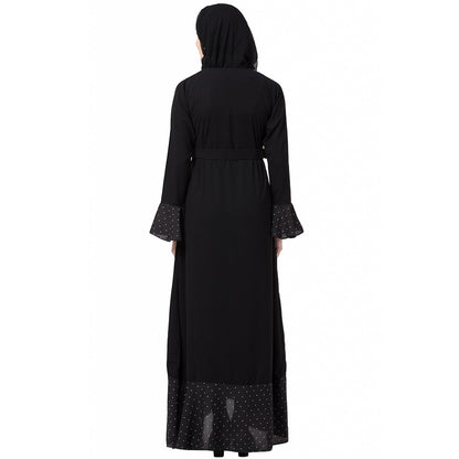 Designer black polka dotted frilled abaya