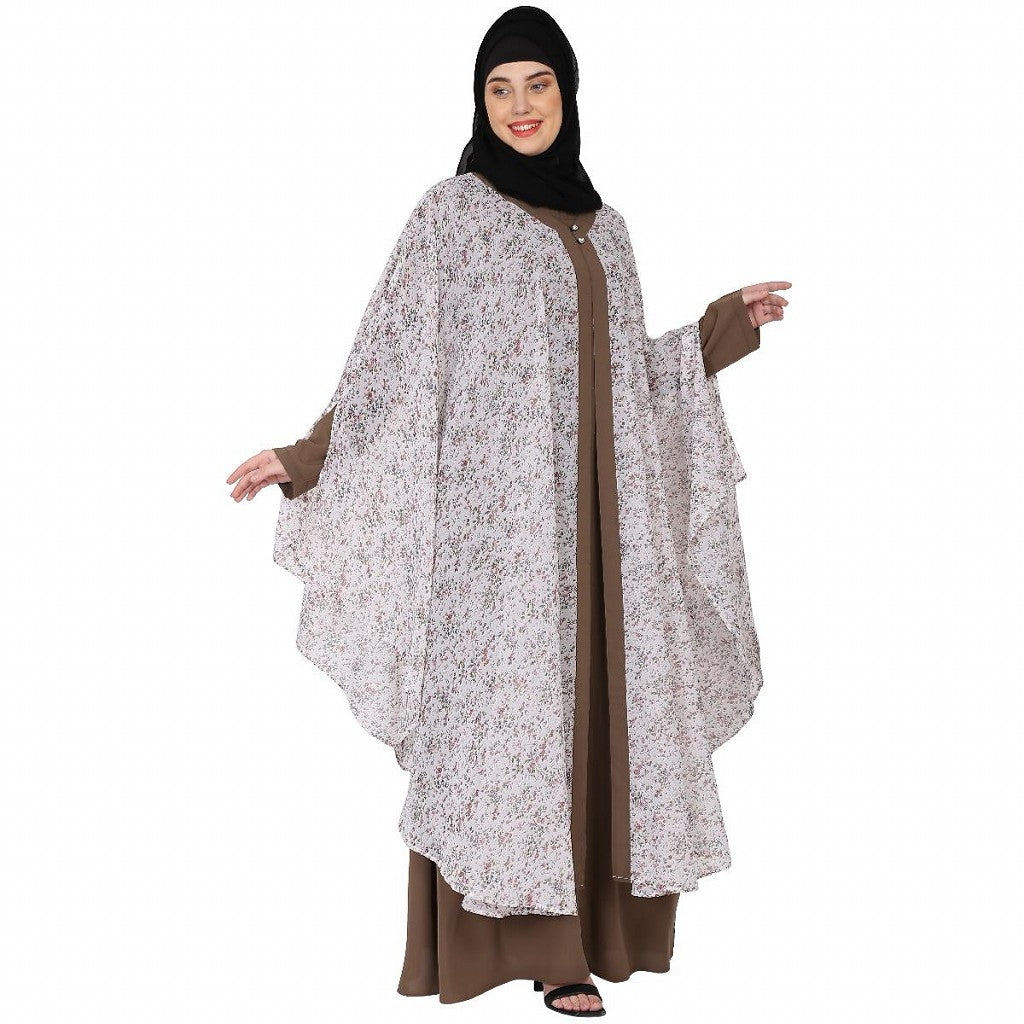 Printed Shrug with inner abaya combo -Beige