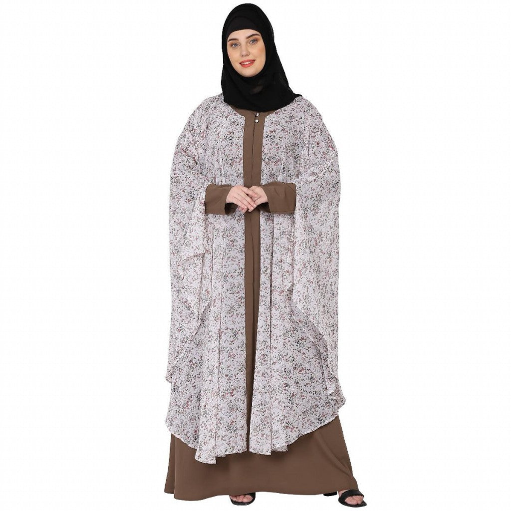Printed Shrug with inner abaya combo -Beige