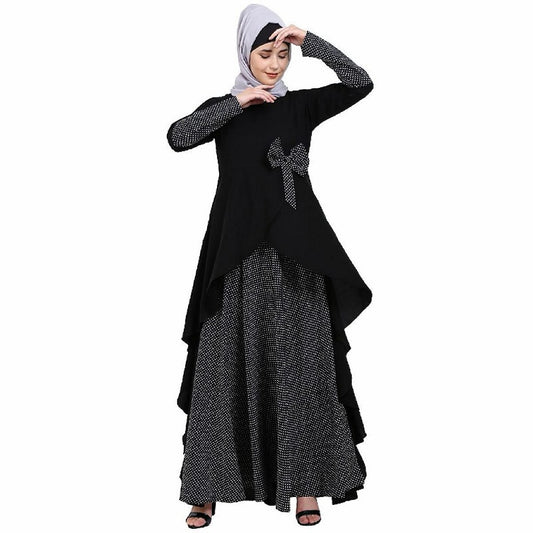 Polka dotted asymmetrical dress abaya- Black