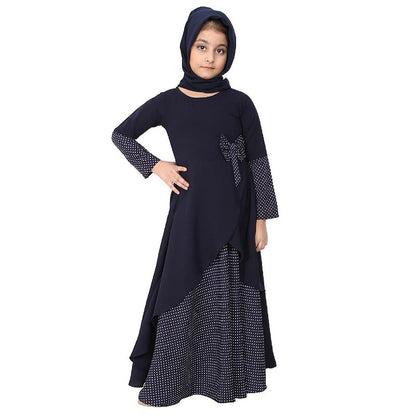 Polka dotted asymmetrical dress for kids- Navy Blue