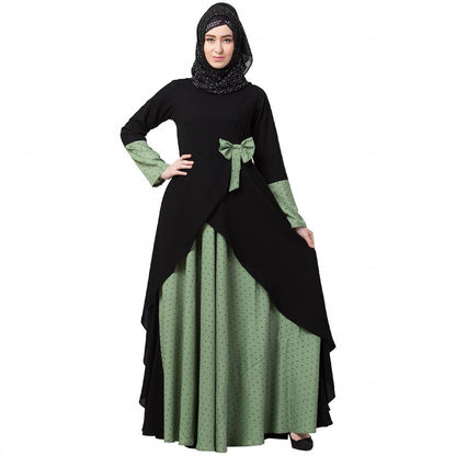 Polka dotted asymmetrical dress abaya- Green-Black