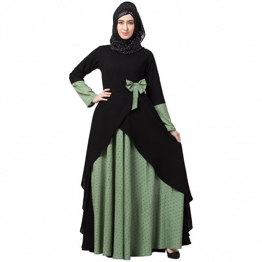 Polka dotted asymmetrical dress abaya- Green-Black