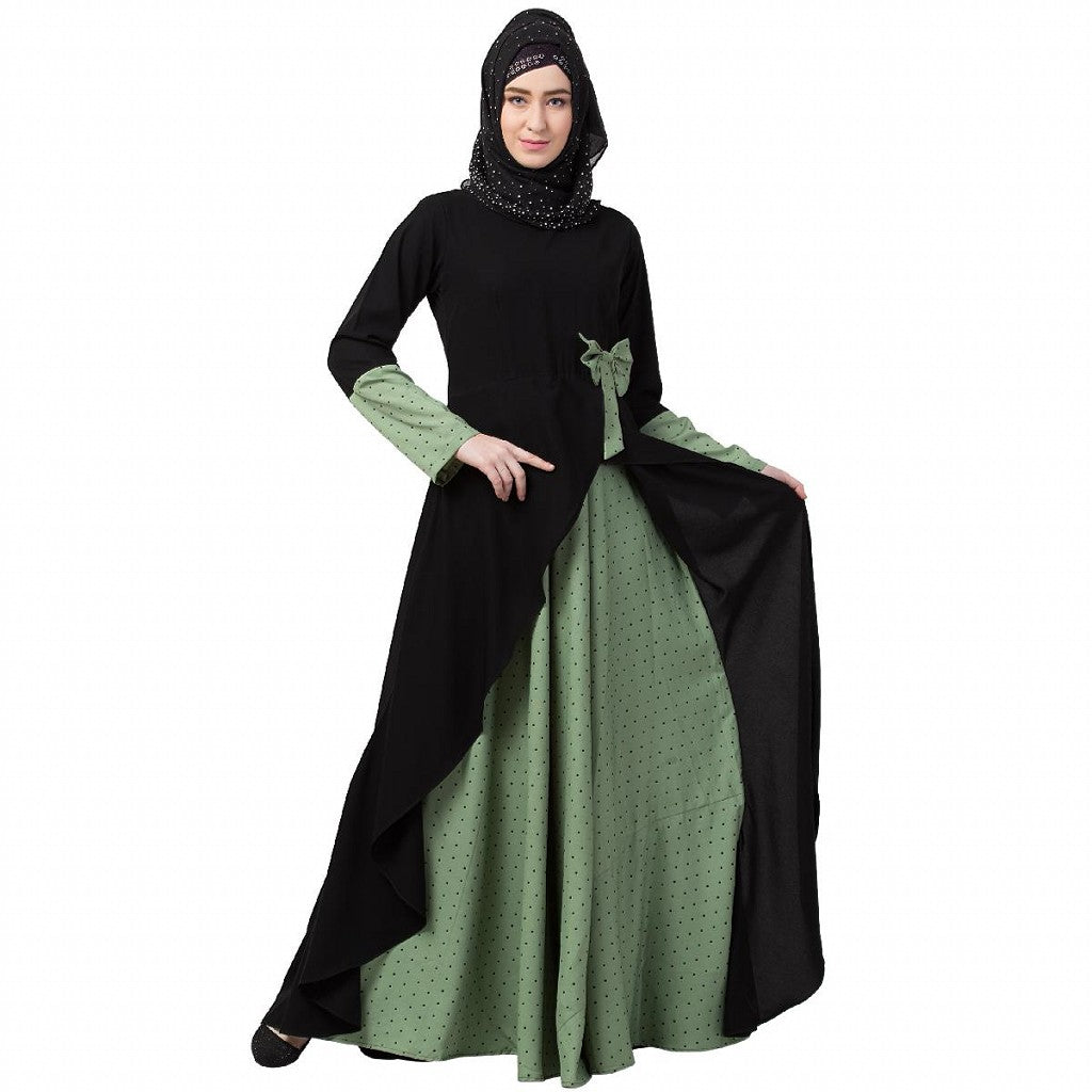 Polka dotted asymmetrical dress abaya- Green-Black