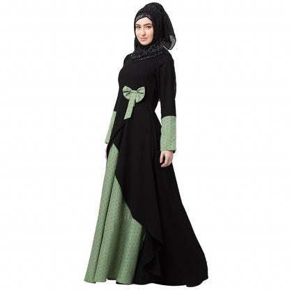 Polka dotted asymmetrical dress abaya- Green-Black