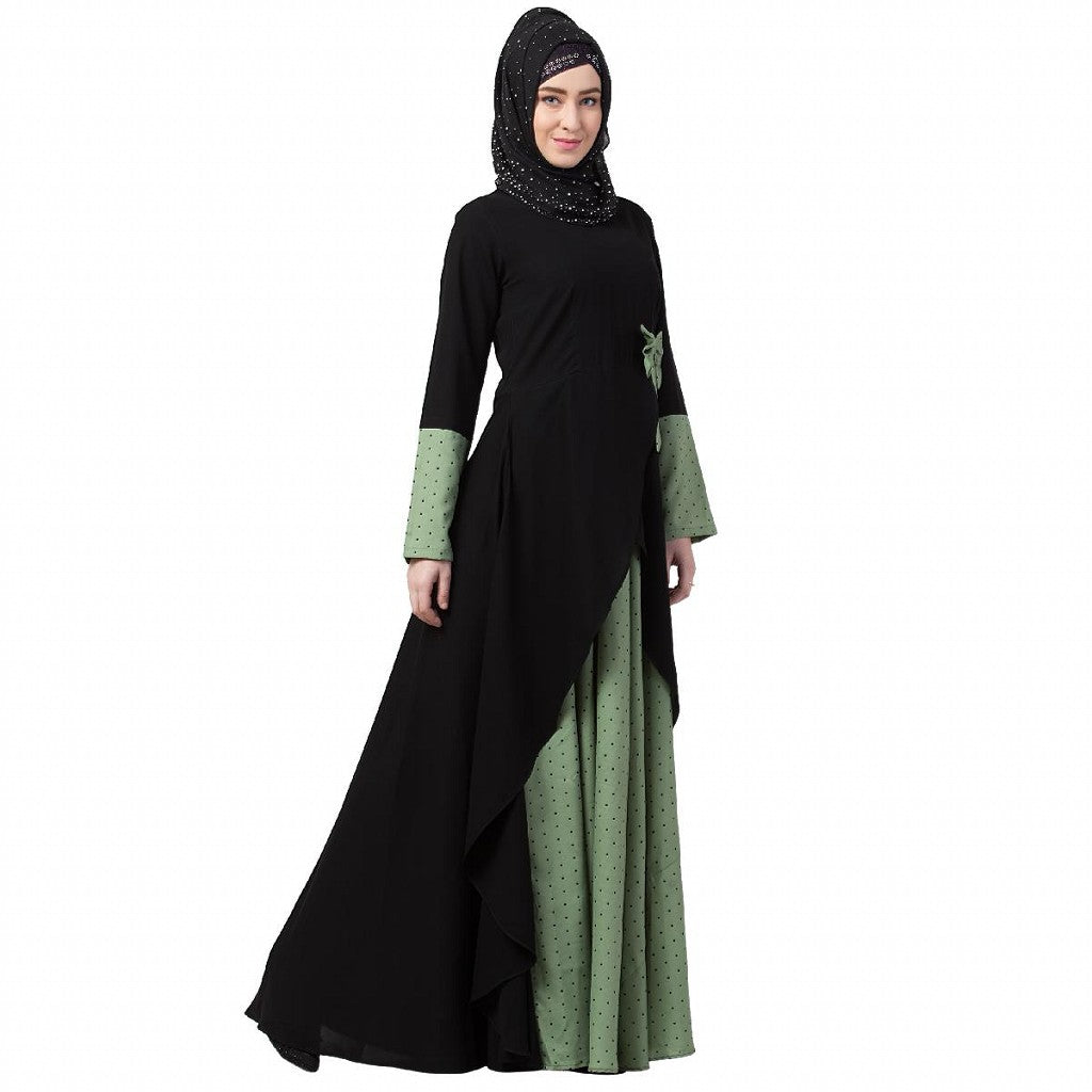 Polka dotted asymmetrical dress abaya- Green-Black