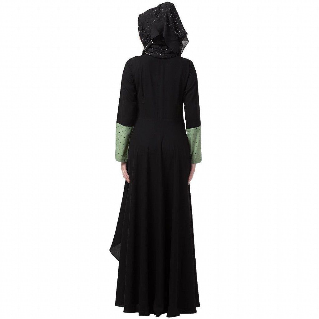 Polka dotted asymmetrical dress abaya- Green-Black