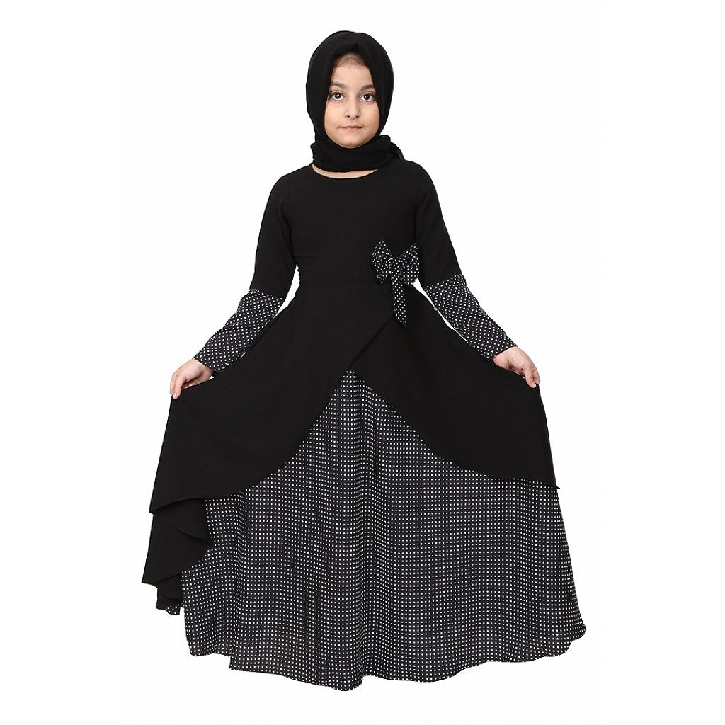 Polka dotted asymmetrical dress for kids- Black