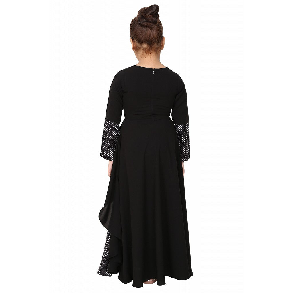 Polka dotted asymmetrical dress for kids- Black