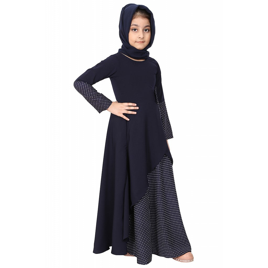 Polka dotted asymmetrical dress for kids- Navy Blue