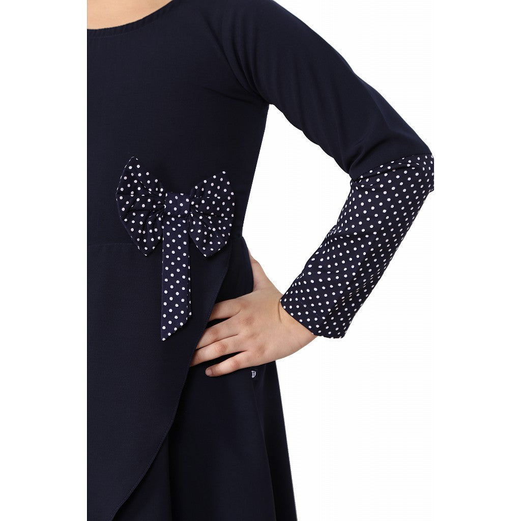 Polka dotted asymmetrical dress for kids- Navy Blue