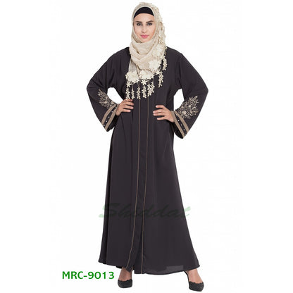 Front open abaya with embroidery- Charcoal grey