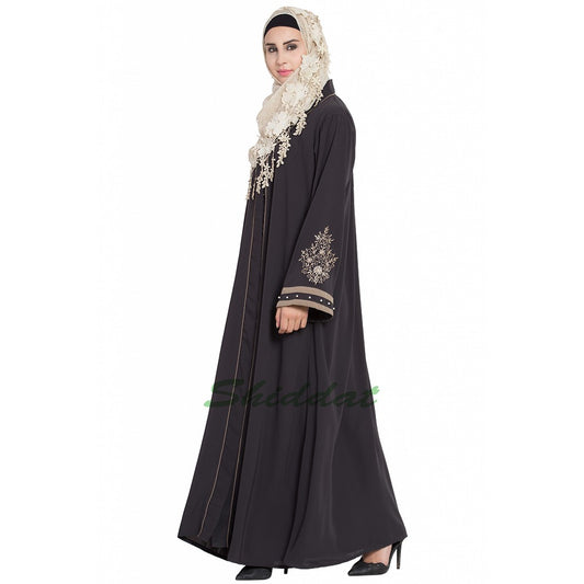 Front open abaya with embroidery- Charcoal grey