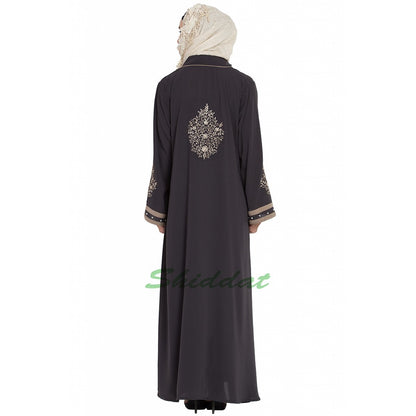 Front open abaya with embroidery- Charcoal grey