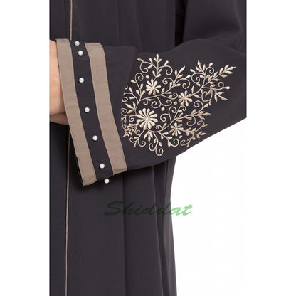 Front open abaya with embroidery- Charcoal grey