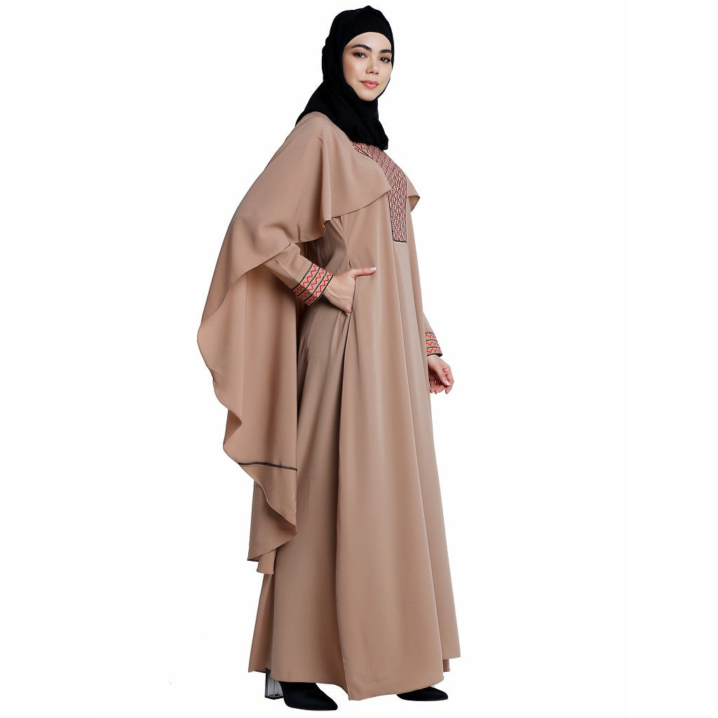 Designer Cape abaya with embroidery work- Beige