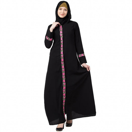Elegant front open abaya with embroidery work- Black